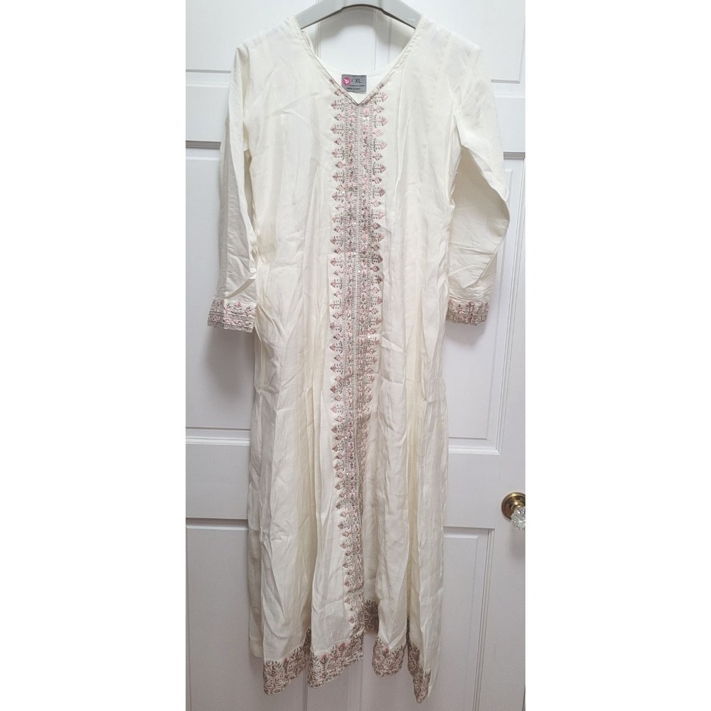 VP India Women's Silk Blend 2pc Long Kurta Dress Set - Embroidered - Ivory - XL